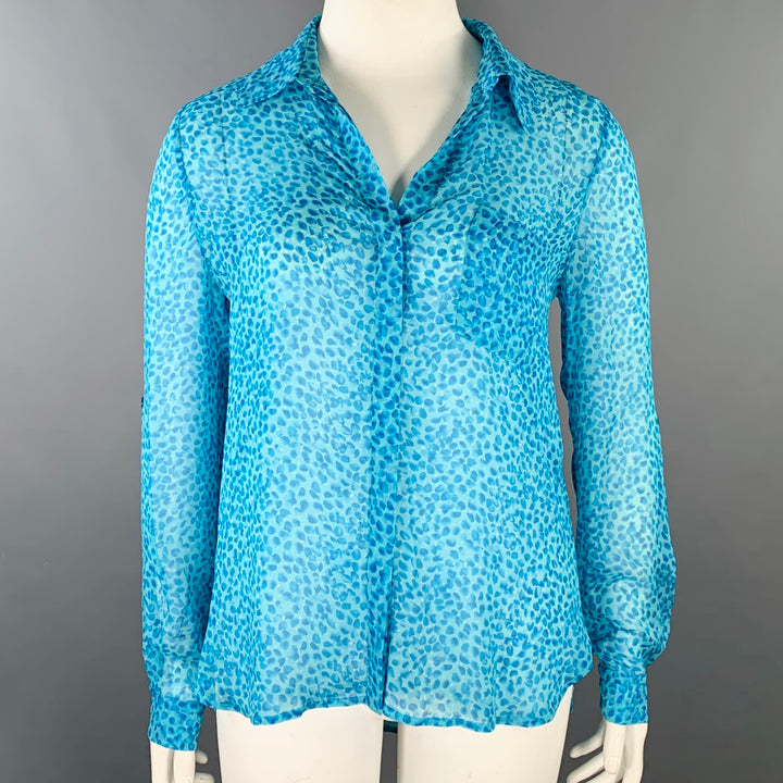 DIANE VON FURSTENBERG Size 12 Aqua Blue Silk Abstract Hidden Buttons Shirt