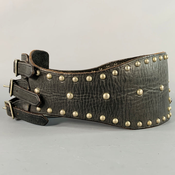 RALPH LAUREN Size S Brown Silver Studded High Waisted Leather Metal 3 Buckle Belt