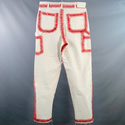 EARTHLING VIP Size 34 Cream Red Embroidery Cotton Rhinestones Casual Pants