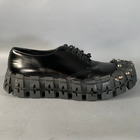 PRADA FW2019 Size 9 Black Gunmetal Studded Leather Cap Toe Lace Up Shoes