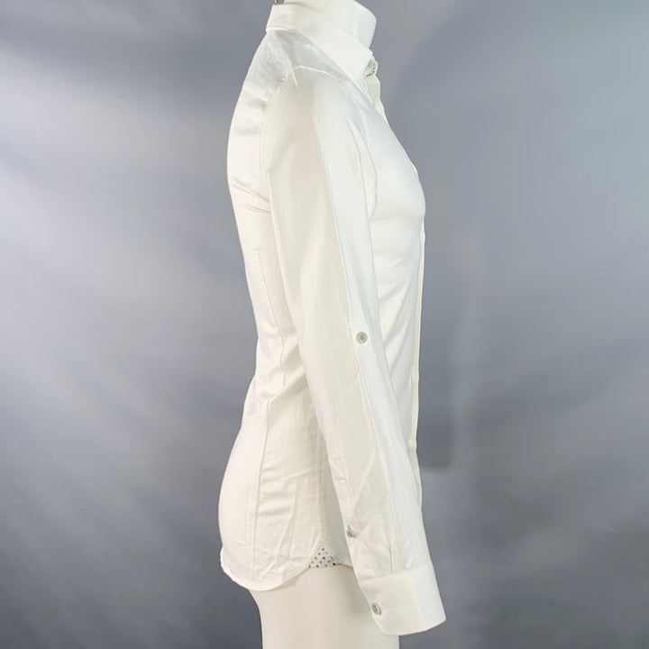 TED BAKER Size XS Jaames White Herringbone Cotton Linen One Pocket Roll Tab Long Sleeve Shirt
