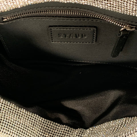 STAUD Black Metallic Rhinestones Faux Leather Top Handles Handbag