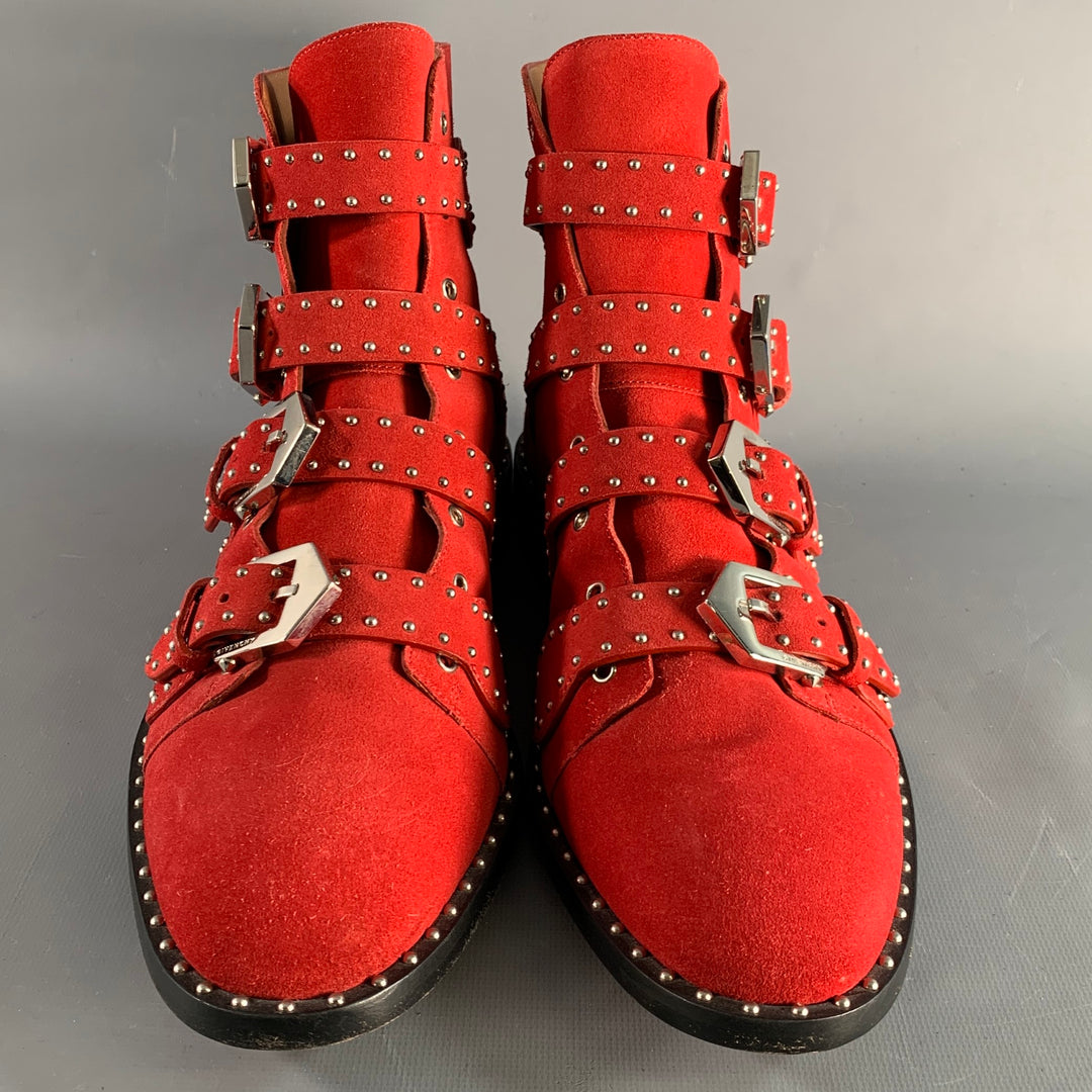 GIVENCHY Size 9 Red Studded Leather Belted Boots