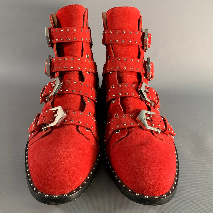GIVENCHY Size 9 Red Studded Leather Belted Boots