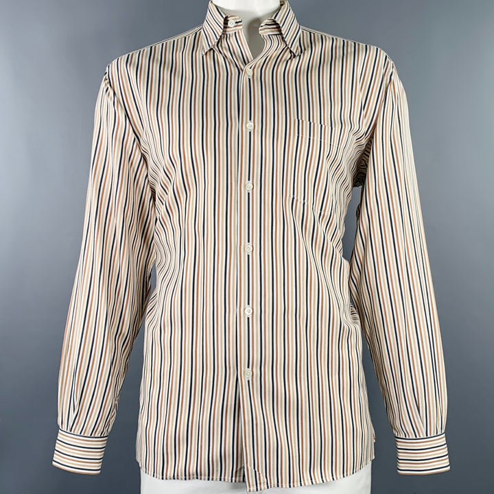 ERMENEGILDO ZEGNA Size XL White Brown Black Stripe Cotton Long Sleeve Shirt