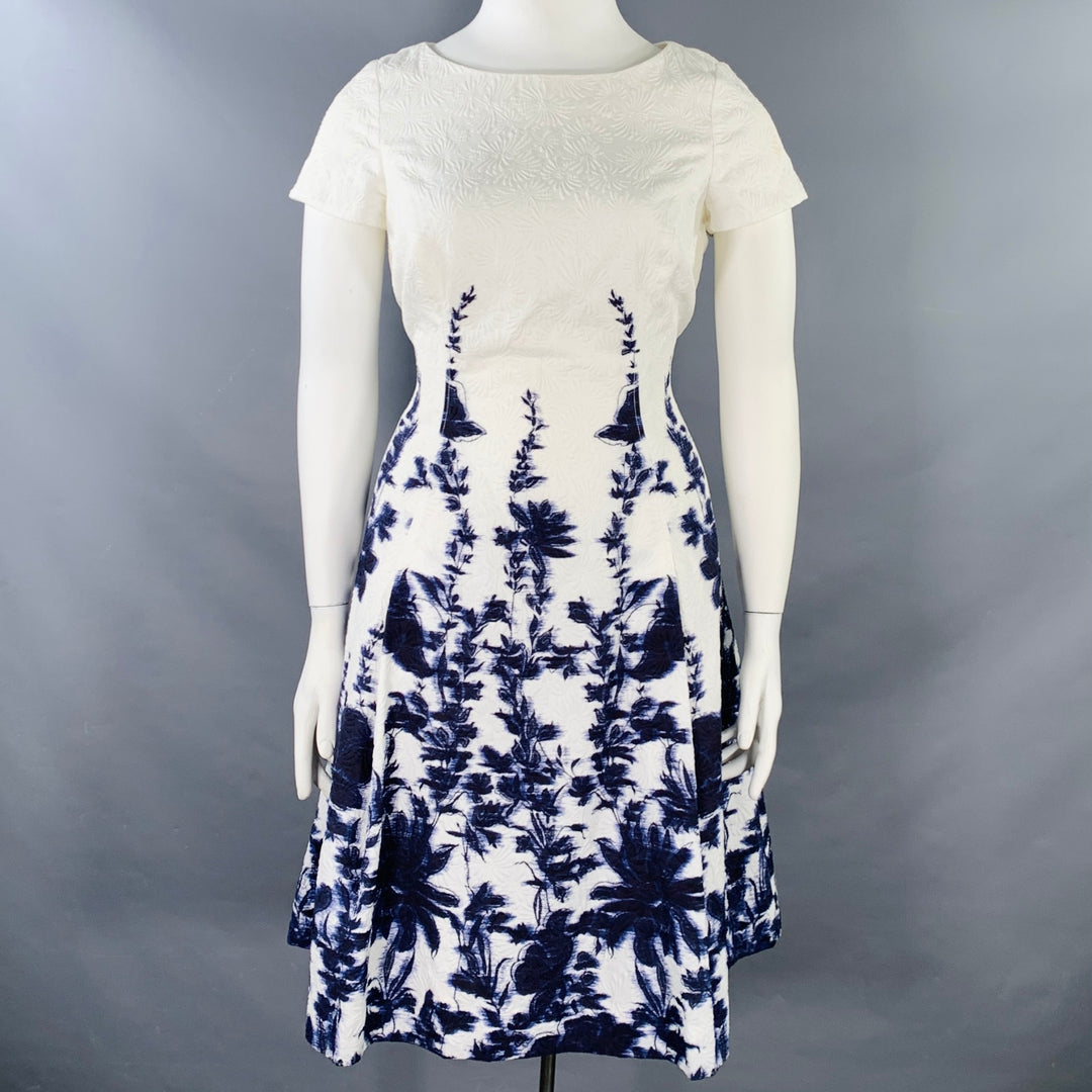 CAROLINA HERRERA Size 12 White Indigo Cotton Blend Abstract Floral Dress
