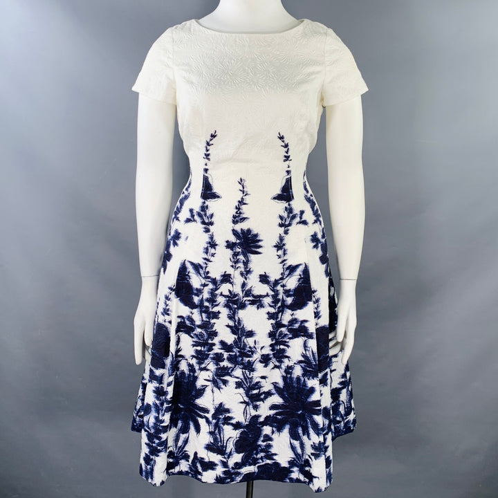 CAROLINA HERRERA Size 12 White Indigo Cotton Blend Abstract Floral Dress