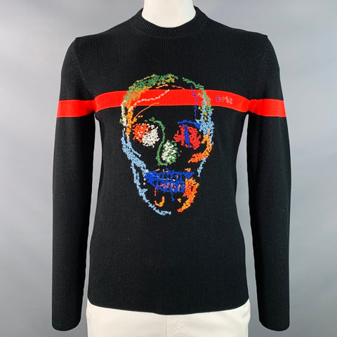 ALEXANDER MCQUEEN 2018 Size L Black Multi Color Embroidery Cotton Crew Neck Sweater