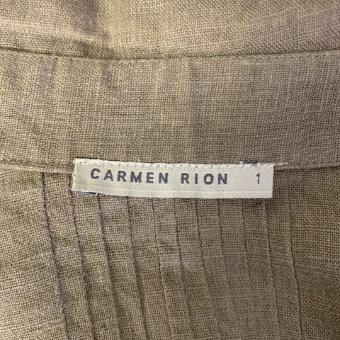 CARMEN RION Size S Green Olive Pleated Linen Long Sleeve Shirt
