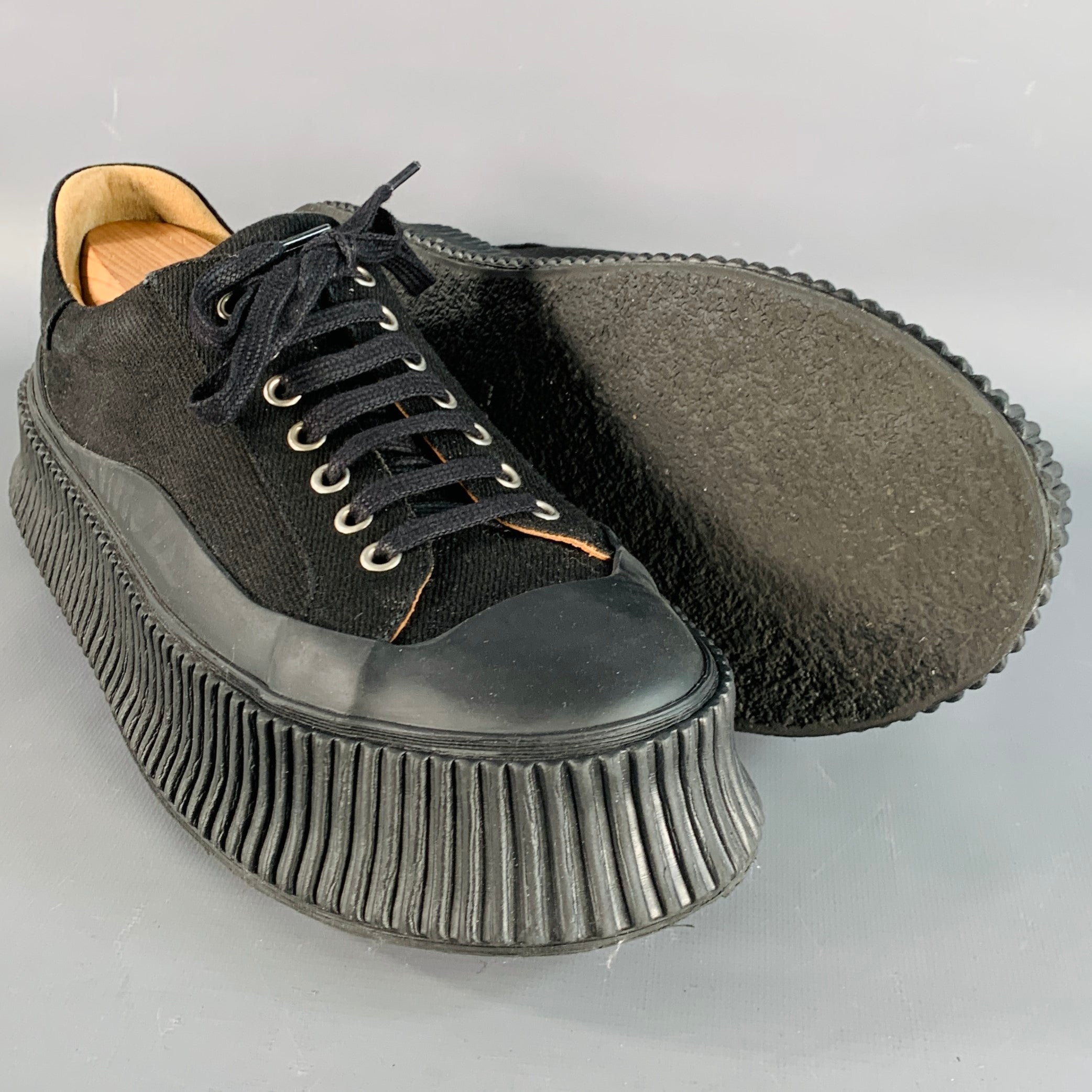 【関税&送料込】Jil Sander Black Fabric And Suede Sneakers JIL SANDER Size 9 Black Canvas Twill Chunky Crepe Sole