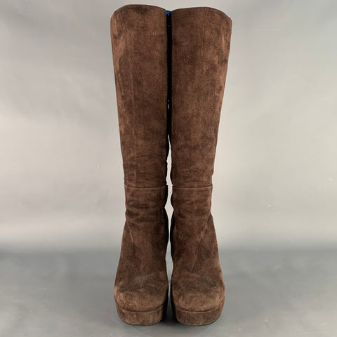BARNEY'S CO-OP Size 9 Brown Suede Calf High Platform Stiletto Boots