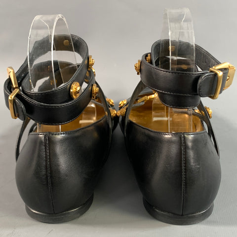 VERSACE Size 6 Black Gold Leather Medusa Pointed Toe Flats