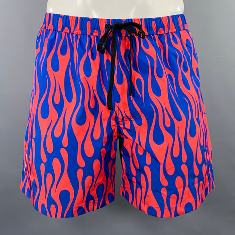 DOUBLE RAINBOUU Size L Orange Blue Flames Polyester Drawstring Swim Trunks