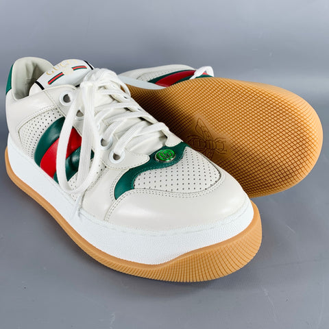 GUCCI Size 9.5 Screener White Red Green Perforated Leather Rubber Sole Sneakers