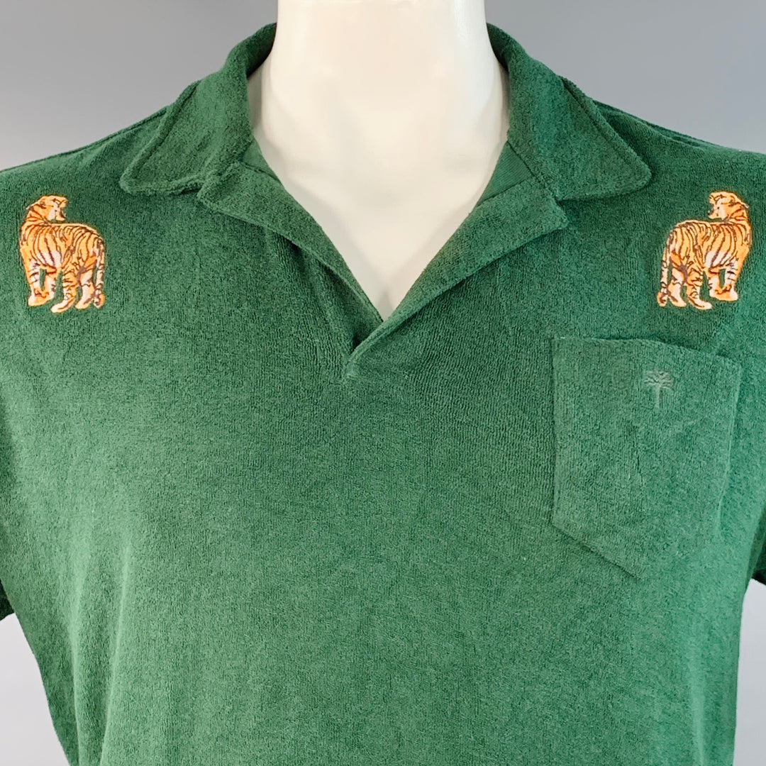 OAS Size L Green Orange Tiger Applique Cotton Terry One Pocket Polo