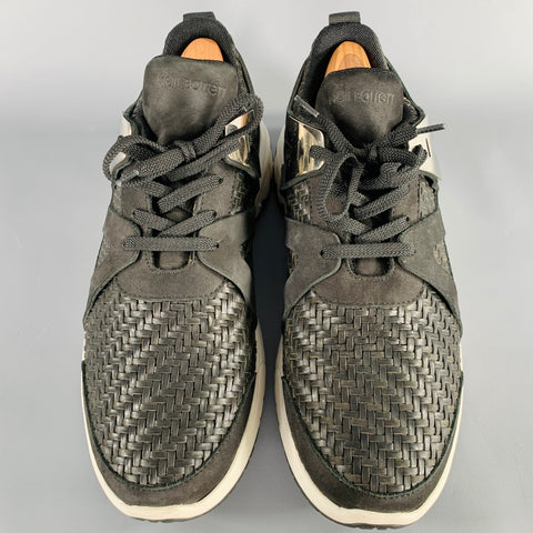 NEIL BARRETT Size 10.5 Black Silver Woven Leather Sneakers