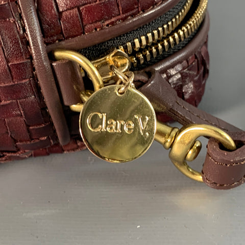 CLARE V. Marisol Red Oxblood Woven Leather Crossbody Handbag