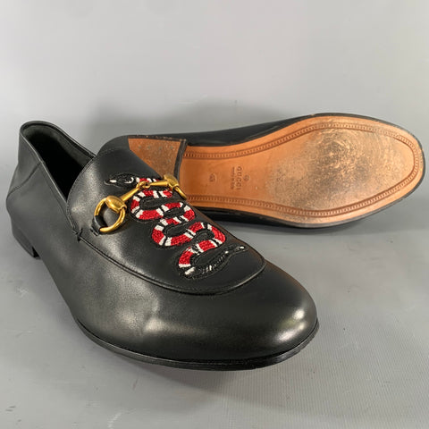 GUCCI Size 12 Black Embroidery Leather Horsebit Loafers