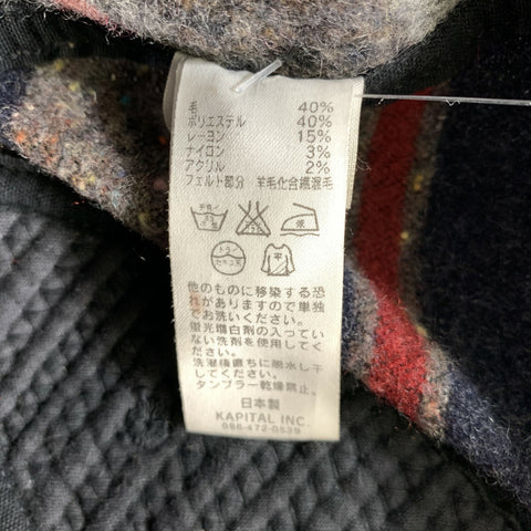 KAPITAL Grey Navy Patchwork Leather Trim Wool Blend Hats