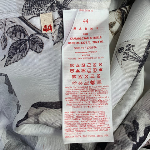 MARNI Size XXS Resonance White Brown Floral Print Silk Oversized Button Up Long Sleeve Shirt