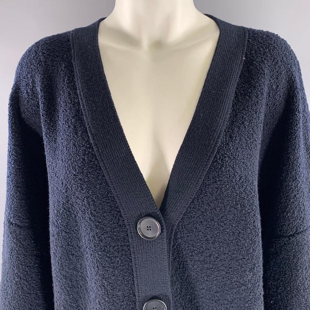 AKRIS Size L Navy Wool Polyamide Cashmere Boucle Cardigan