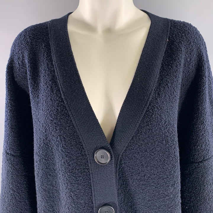 AKRIS Size L Navy Wool Polyamide Cashmere Boucle Cardigan
