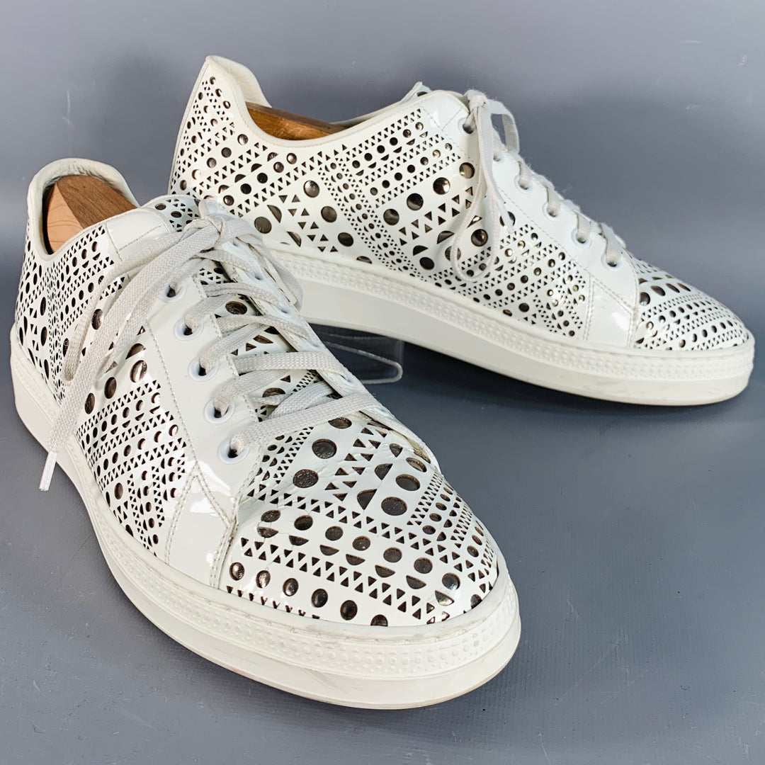 ALAIA Size 9 White Silver Perforated Patent Leather Low Top Sneakers