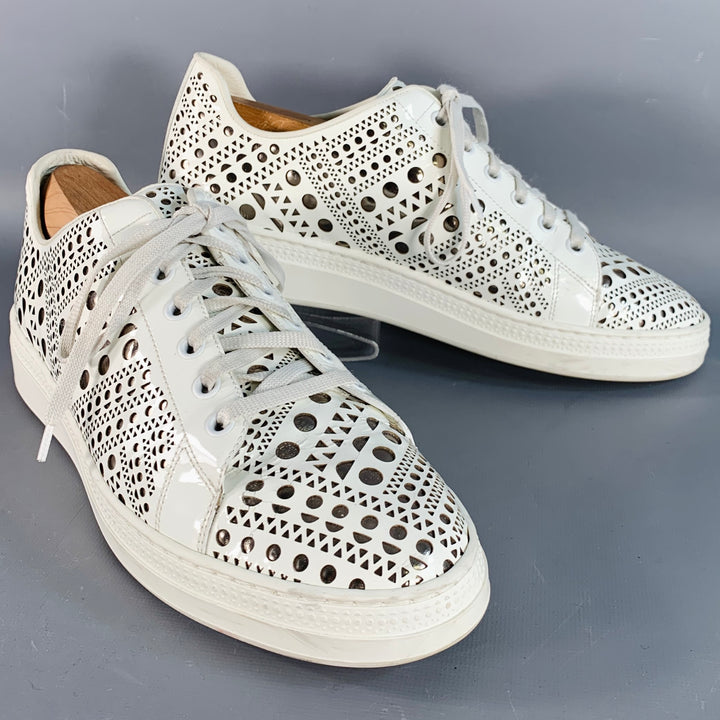 ALAIA Size 9 White Silver Perforated Patent Leather Low Top Sneakers