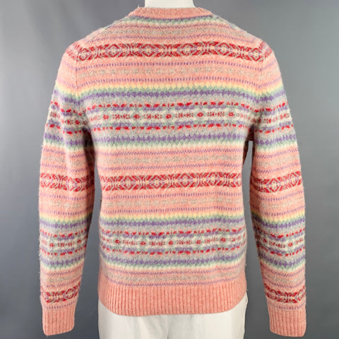 J. CREW Size L Pink Multi Color Nordic Stripe Wool Crew Neck Sweater
