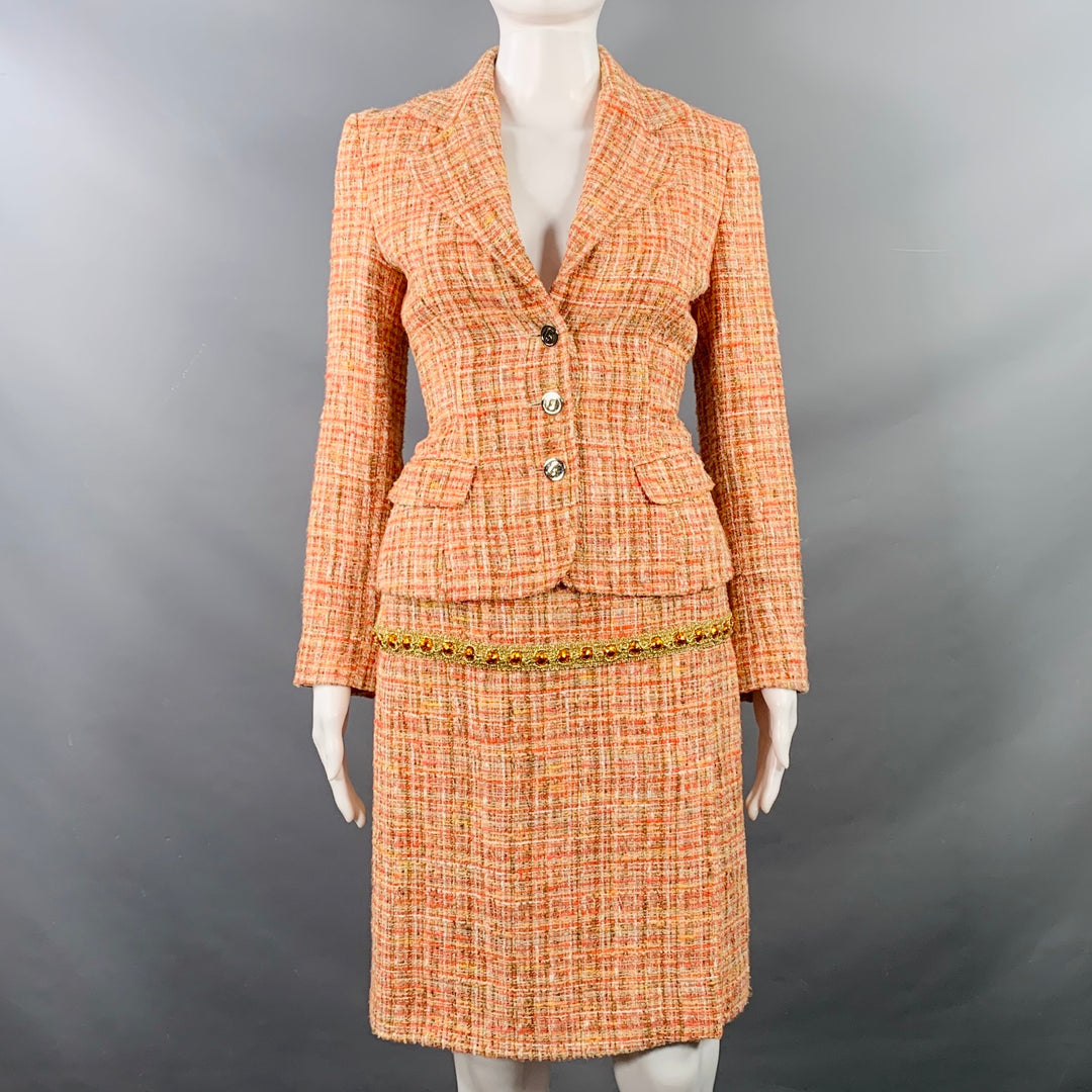 DOLCE & GABBANA Size 4 Orange Gold Cotton Blend Embellishment Skirt Suit Set