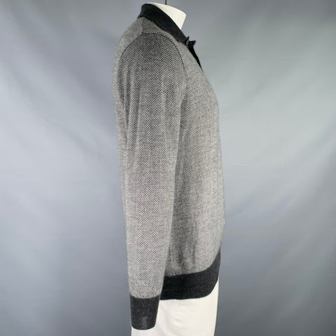 BRIONI Size L Grey Herringbone Cashmere Silk Polo Pullover