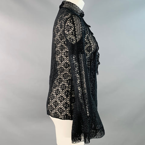 OSCAR DE LA RENTA Size 2 Black Cotton Lace Mock Neck Bell Sleeves Blouse