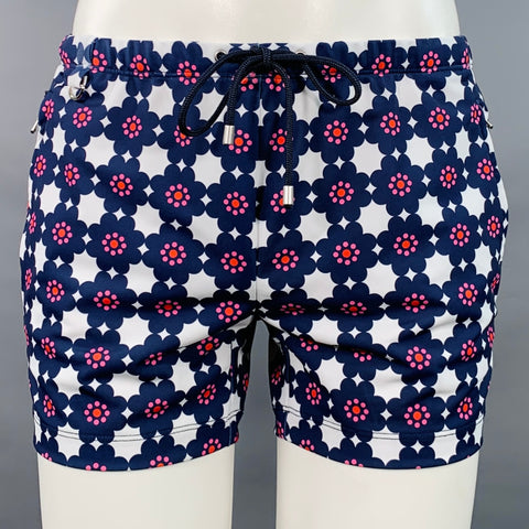 MR TURK Size L Navy White Pink Floral Nylon Blend Mesh Swim Trunks