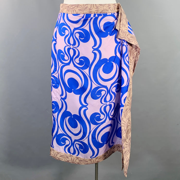 DRIES VAN NOTEN Size 10 Blue Mauve Silk Swirl Asymmetrical Midi Scarf Skirt