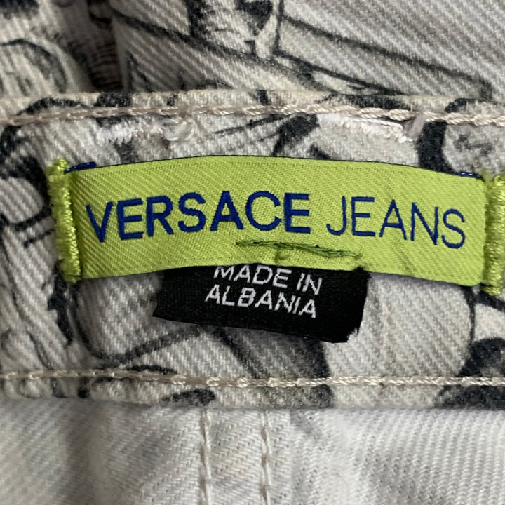 VERSACE JEANS Size 30 White Grey Logo Print Cotton Blend Slim Tapered Jeans