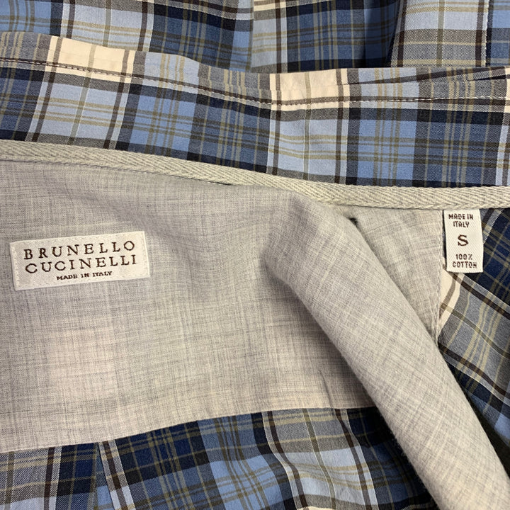 BRUNELLO CUCINELLI Taille S Chemise à manches longues boutonnée en coton à carreaux bleu marine