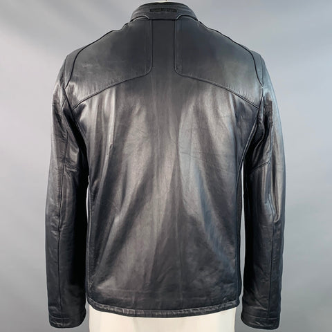 BUGATCHI Size L Navy Lambskin Leather Moto Racer Jacket