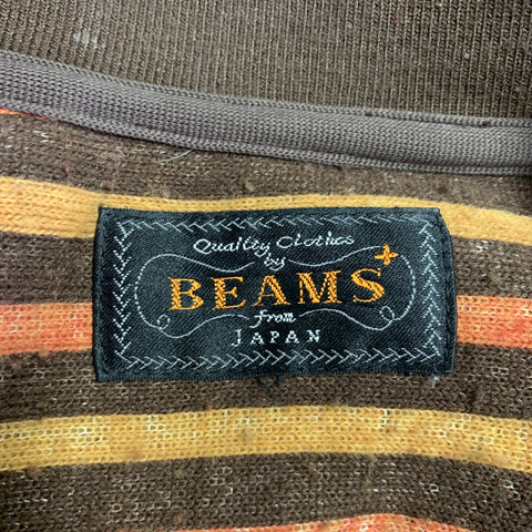 BEAMS PLUS Size M Brown Orange Yellow Stripe Faux Shearling Crew Neck Sweater