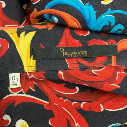 BILLIONAIRE COUTURE Size XL Black Multi Color Print Silk Long Sleeve Shirt