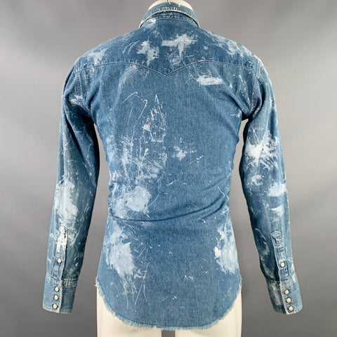 WRANGLER Size XS Blue White Denim Paint Splatter Western Raw Edge Snaps Long Sleeve Shirt