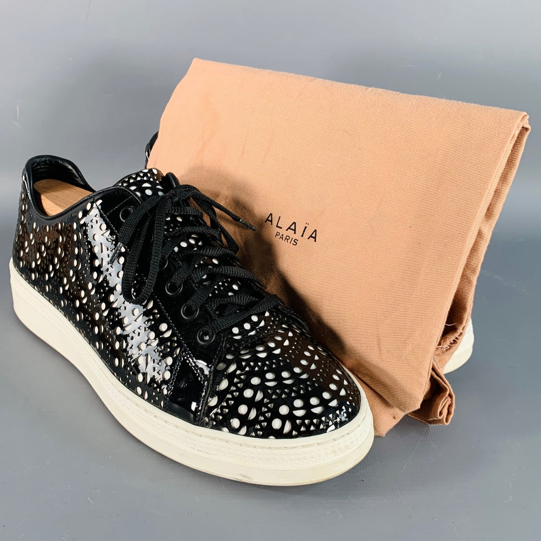 ALAIA Size 9 Black White Perforated Patent Leather Sneakers
