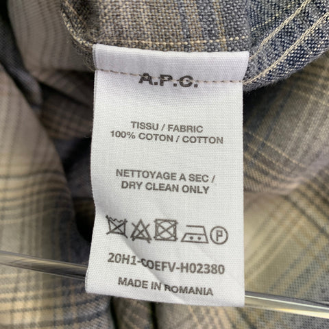 A.P.C. Size S Beige Blue Grey Plaid Cotton One Pocket Long Sleeve Shirt