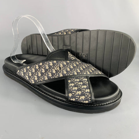 DIOR HOMME Size 12 Navy Beige Oblique Canvas Straps Sandals