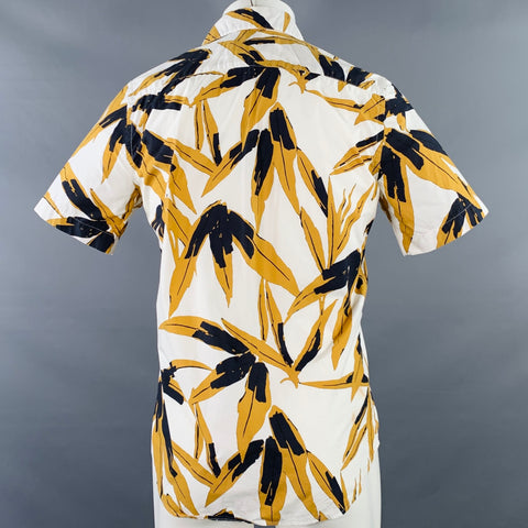 MARNI Taille XS Chemise manches courtes en coton à boutonnage avec motif feuilles blanches, kaki et noires