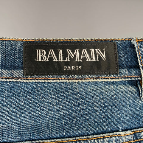 BALMAIN Size 32 Blue Contrast Stitch Cotton Blend Button Fly Jeans