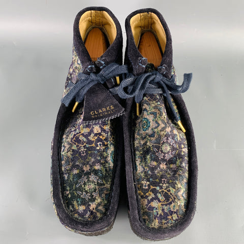 CLARKS Taille 10.5 Bottines Mocassins Velours Fleuri Bleu Marine Beige