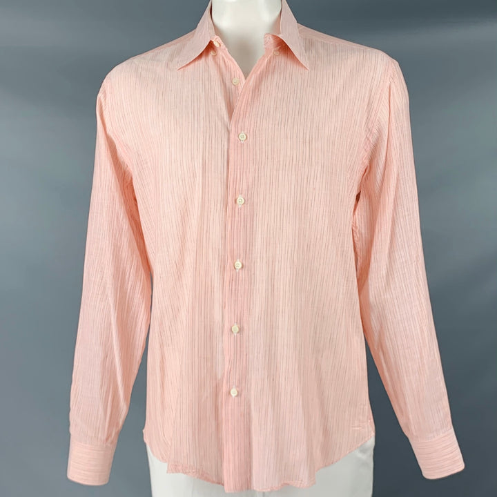 BRIONI Size L Orange Purple Pinstripe Linen Button Up Long Sleeve Shirt