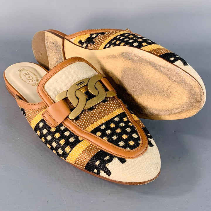 TOD'S Size 11 Tan Multi Color Canvas Abstract Chain Buckle Slip On Flats