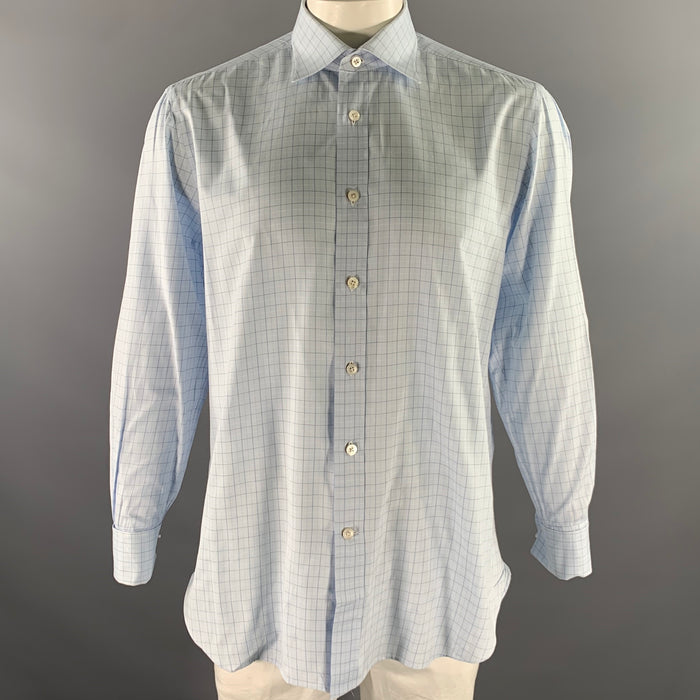 KITON Size L Light Blue Windowpane Cotton French Cuff Long Sleeve Shirt