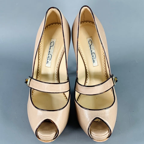 OSCAR DE LA RENTA Size 6 Beige Brown Contrast Trim Mary Jane Platform Pumps